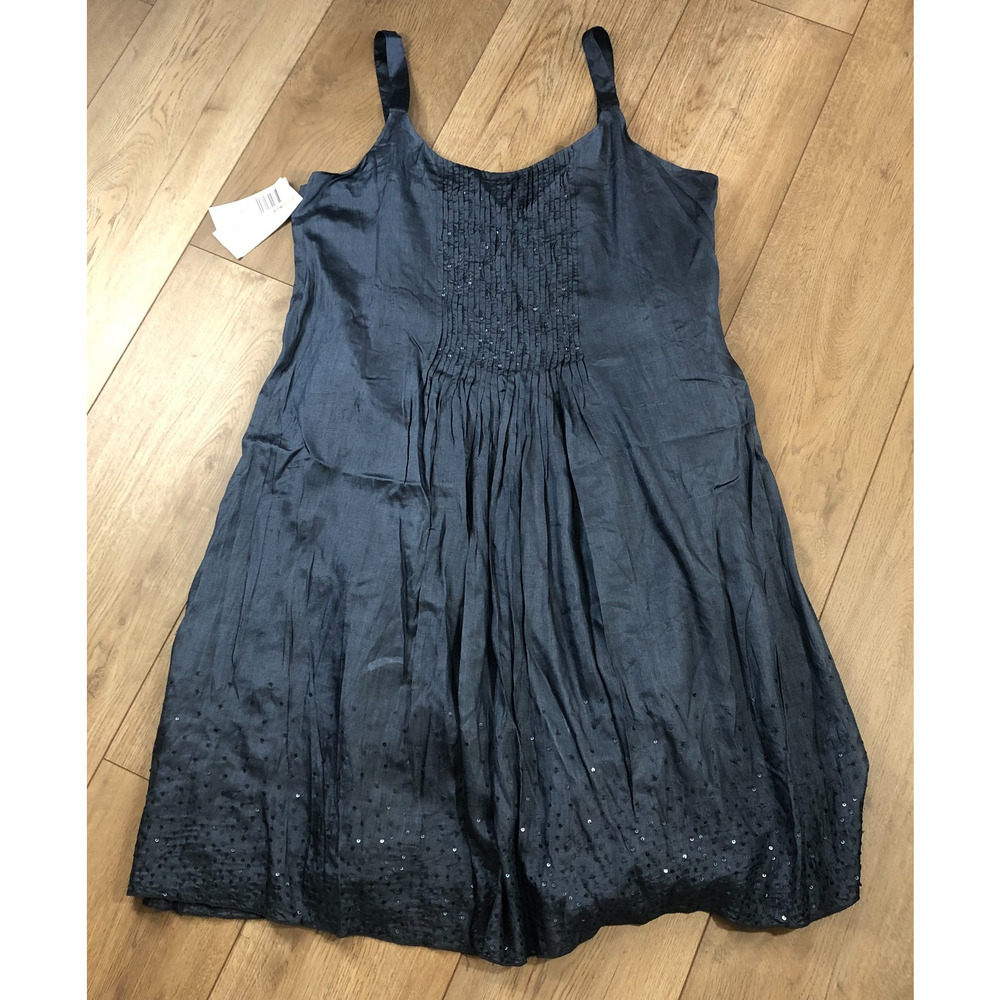 Eileen Fisher SZ Med Blue Rumpled Tussah Silk Sequin Dress Babydoll Boho Fairy